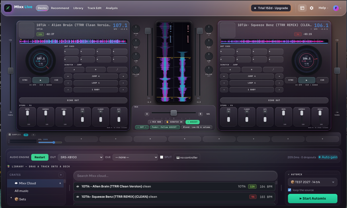 MIXX Intelligence professional DJ workstation with two decks, mixer and music library