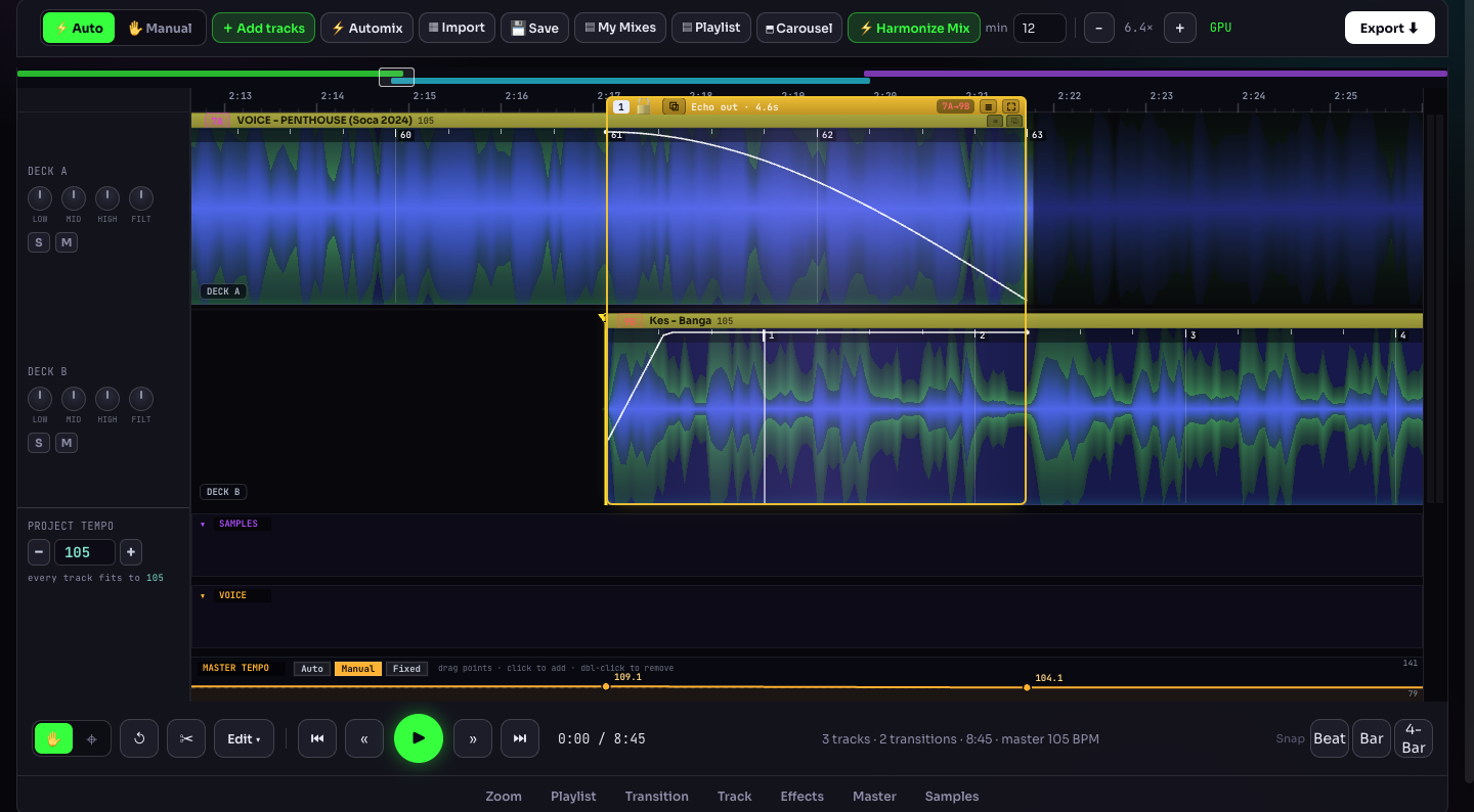 Mixx Intelligence timeline — two decks beatmatched with a stem transition